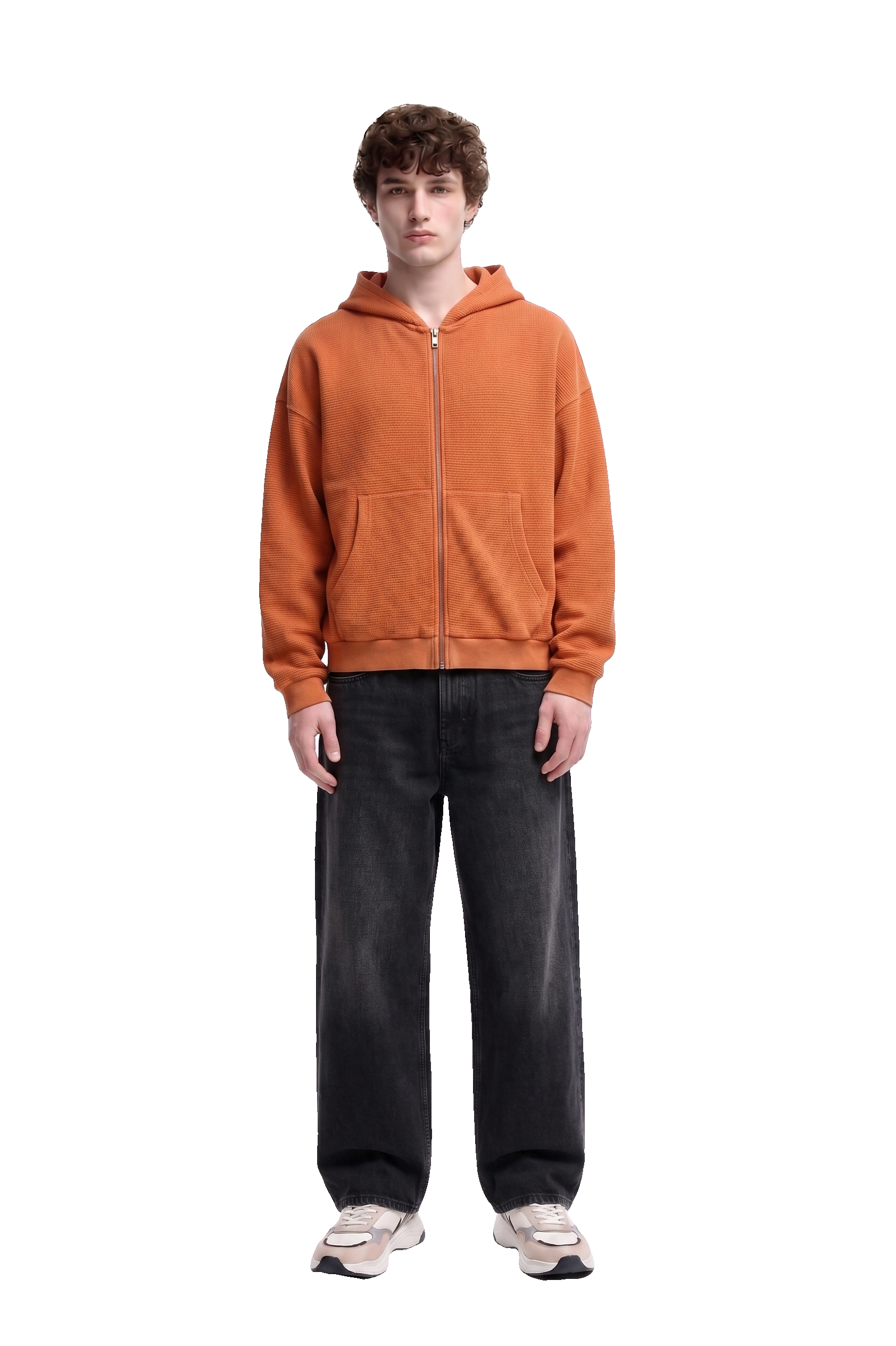 AI virtual try-on of a model in an orange zip hoodie and black jeans