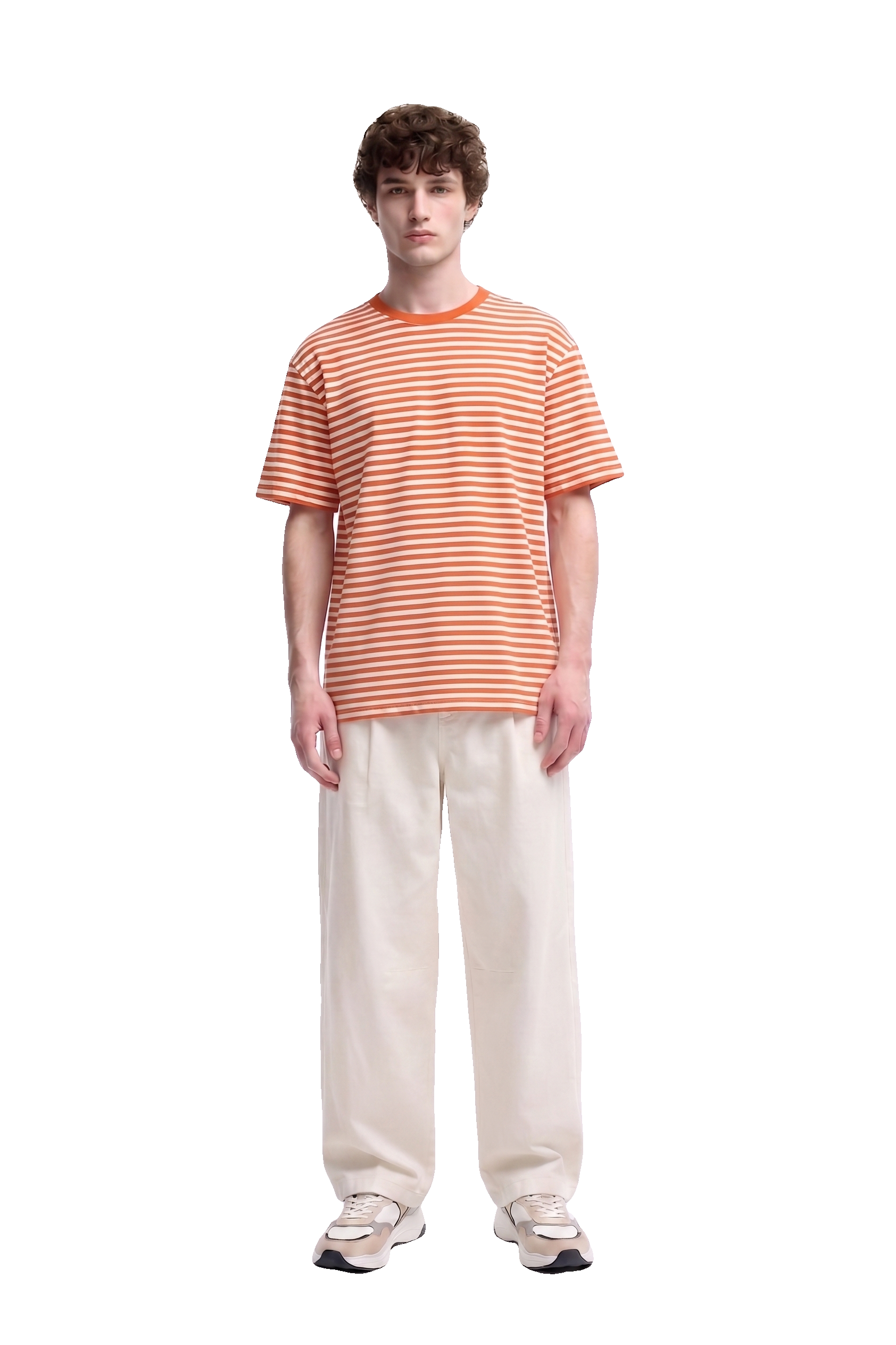 AI virtual try-on of a model in an orange striped tee and cream trousers